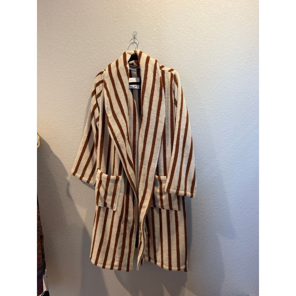 NWT Parachute Unisex Terry Stripe Robe and Slippers Set Brown Cream M/M